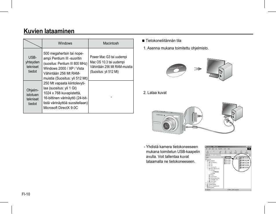 Kuvien lataaminen | Samsung S1070 User Manual | Page 43 / 146