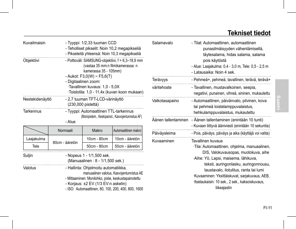 Tekniset tiedot | Samsung S1070 User Manual | Page 44 / 146