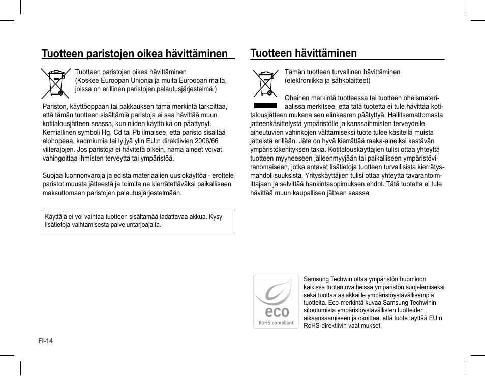 Tuotteen paristojen oikea hävittäminen, Tuotteen hävittäminen | Samsung S1070 User Manual | Page 47 / 146