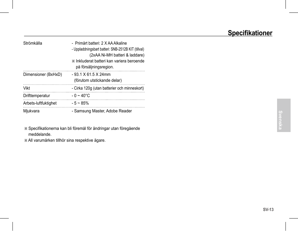 Specifikationer | Samsung S1070 User Manual | Page 62 / 146