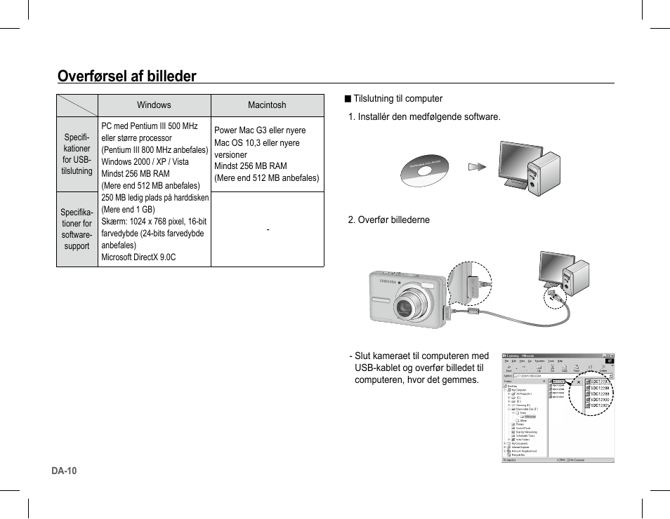 Overførsel af billeder | Samsung S1070 User Manual | Page 75 / 146