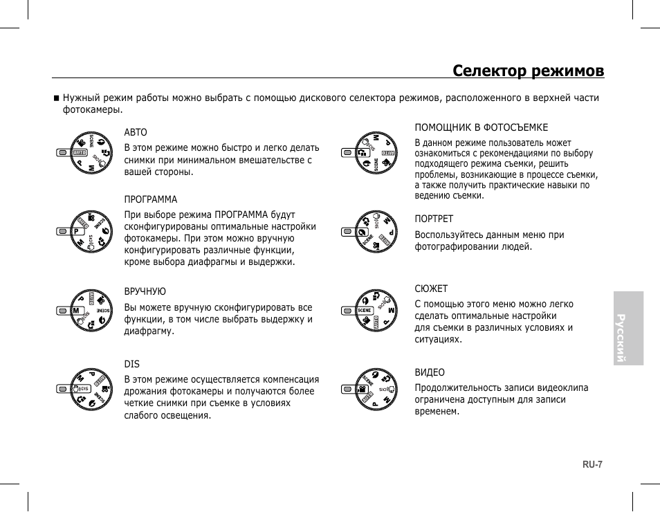 Селектор режимов | Samsung S1070 User Manual | Page 88 / 146