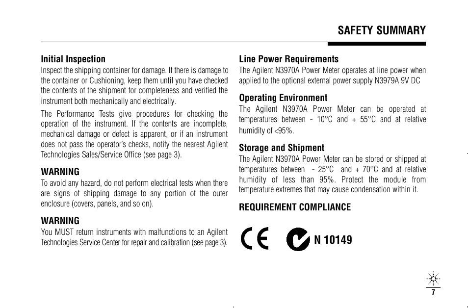 Safety summary | Agilent Technologies N3970A User Manual | Page 10 / 47