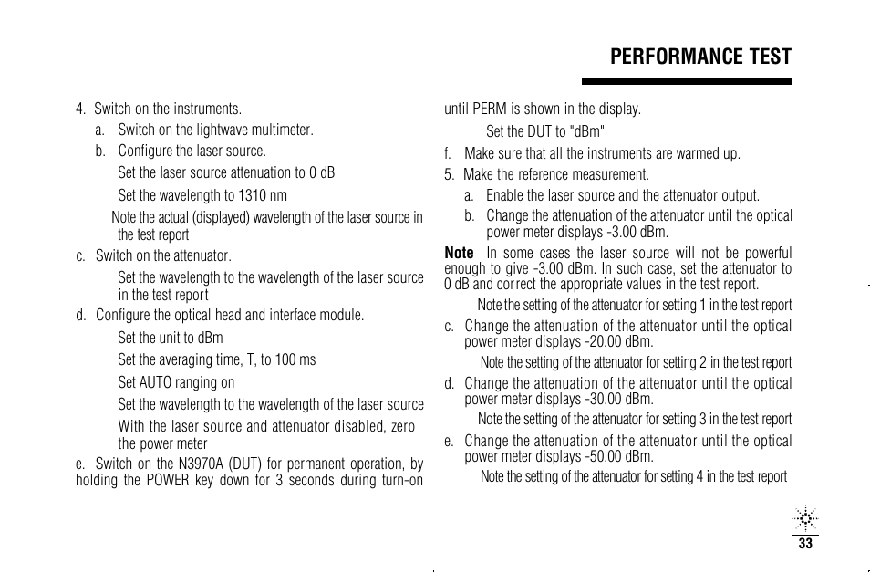 Performance test | Agilent Technologies N3970A User Manual | Page 36 / 47