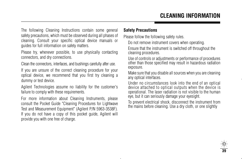 Cleaning informat i o n | Agilent Technologies N3970A User Manual | Page 42 / 47