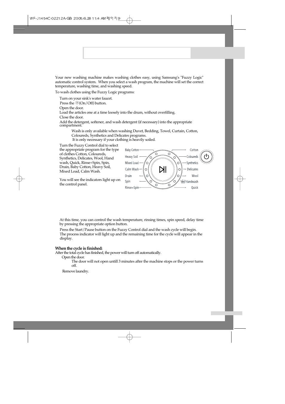 Washing a load of laundry, Washing clothes using fuzzy logic | Samsung WF-F1254 User Manual | Page 11 / 88