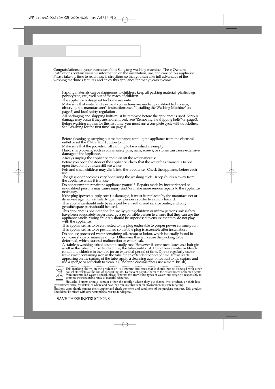 Safety precautions, Before using the appliance, Safety instructions | Samsung WF-F1254 User Manual | Page 2 / 88