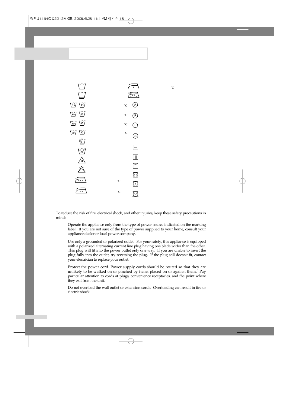 Appendix, Fabric care chart electrical warnings | Samsung WF-F1254 User Manual | Page 20 / 88