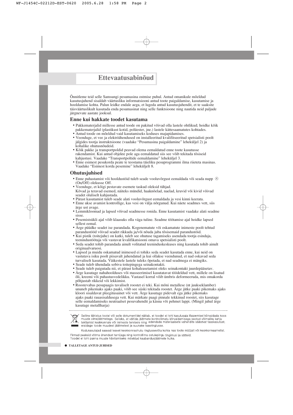 Ettevaatusabinõud, Enne kui hakkate toodet kasutama, Ohutusjuhised | Samsung WF-F1254 User Manual | Page 24 / 88