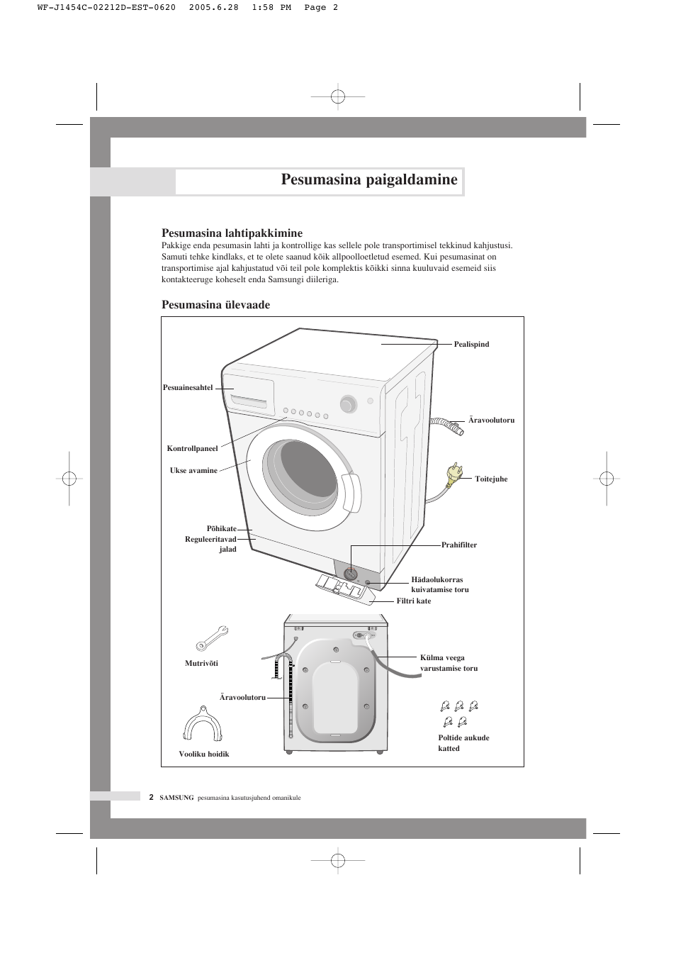Pesumasina paigaldamine, Pesumasina lahtipakkimine, Pesumasina ülevaade | Samsung WF-F1254 User Manual | Page 26 / 88