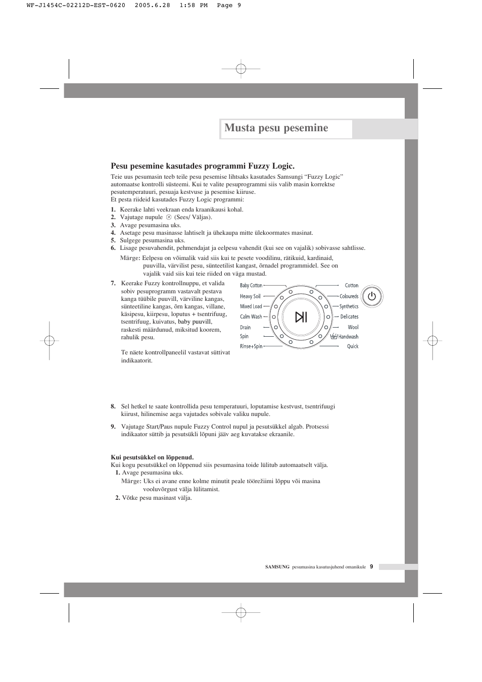 Musta pesu pesemine, Pesu pesemine kasutades programmi fuzzy logic | Samsung WF-F1254 User Manual | Page 33 / 88