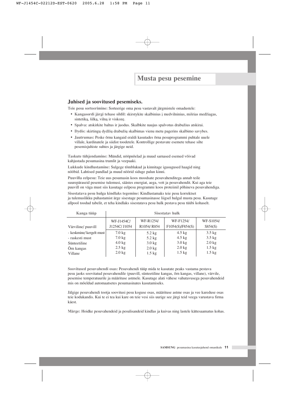 Musta pesu pesemine, Juhised ja soovitused pesemiseks | Samsung WF-F1254 User Manual | Page 35 / 88