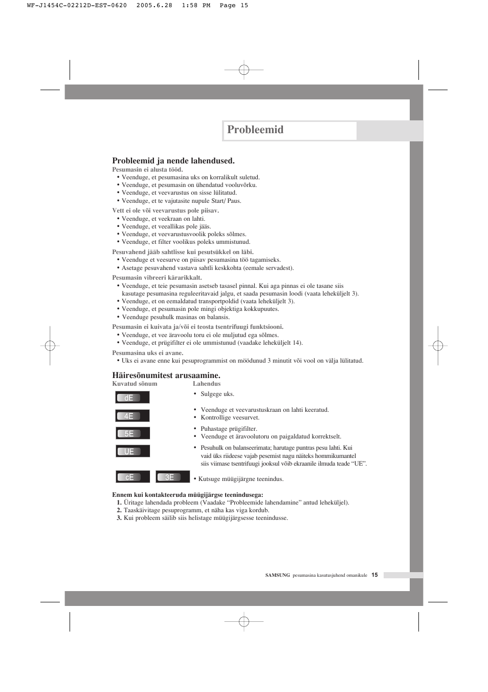 Probleemid, Probleemid ja nende lahendused, Häiresõnumitest arusaamine | Samsung WF-F1254 User Manual | Page 39 / 88