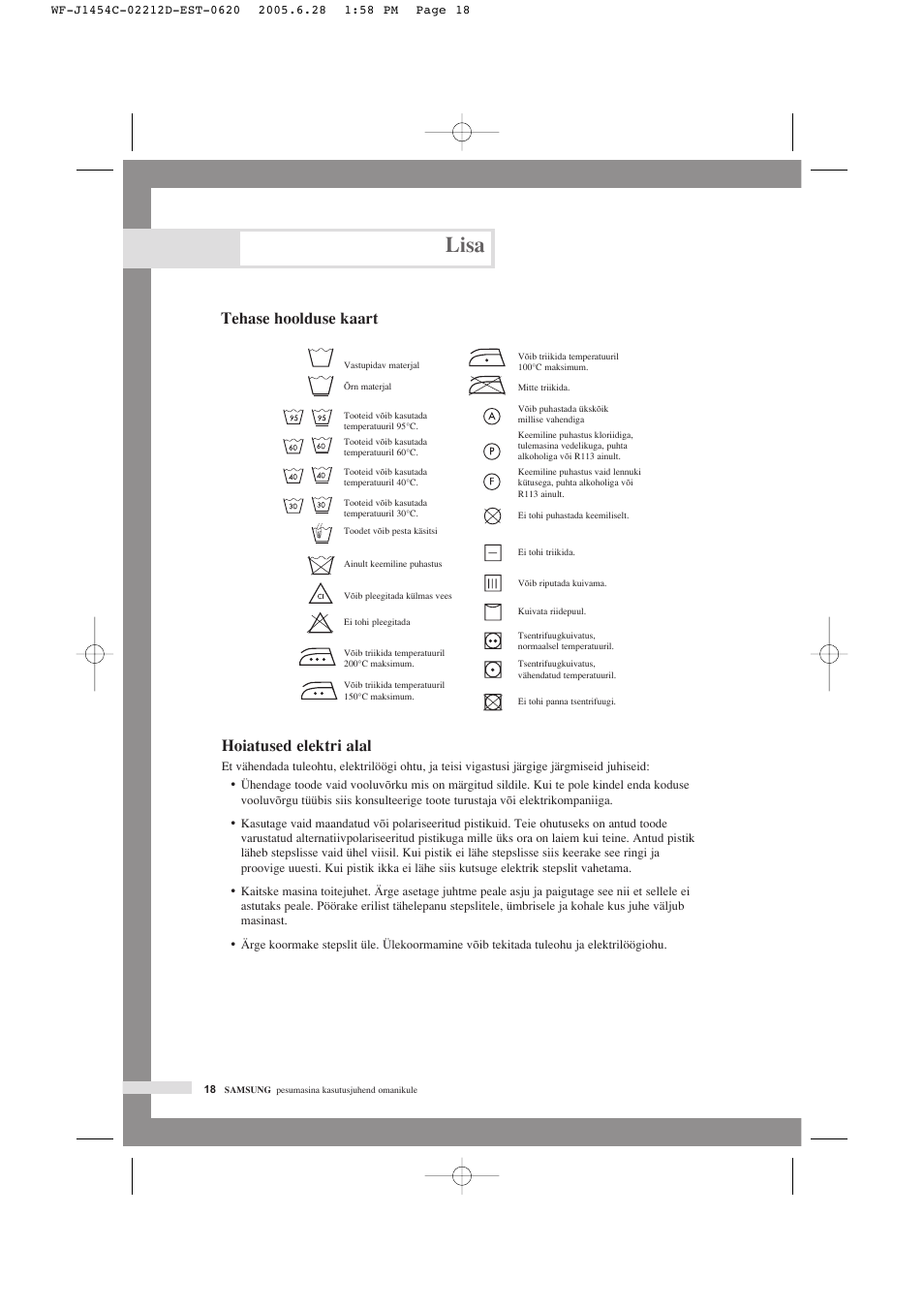Lisa, Tehase hoolduse kaart, Hoiatused elektri alal | Samsung WF-F1254 User Manual | Page 42 / 88