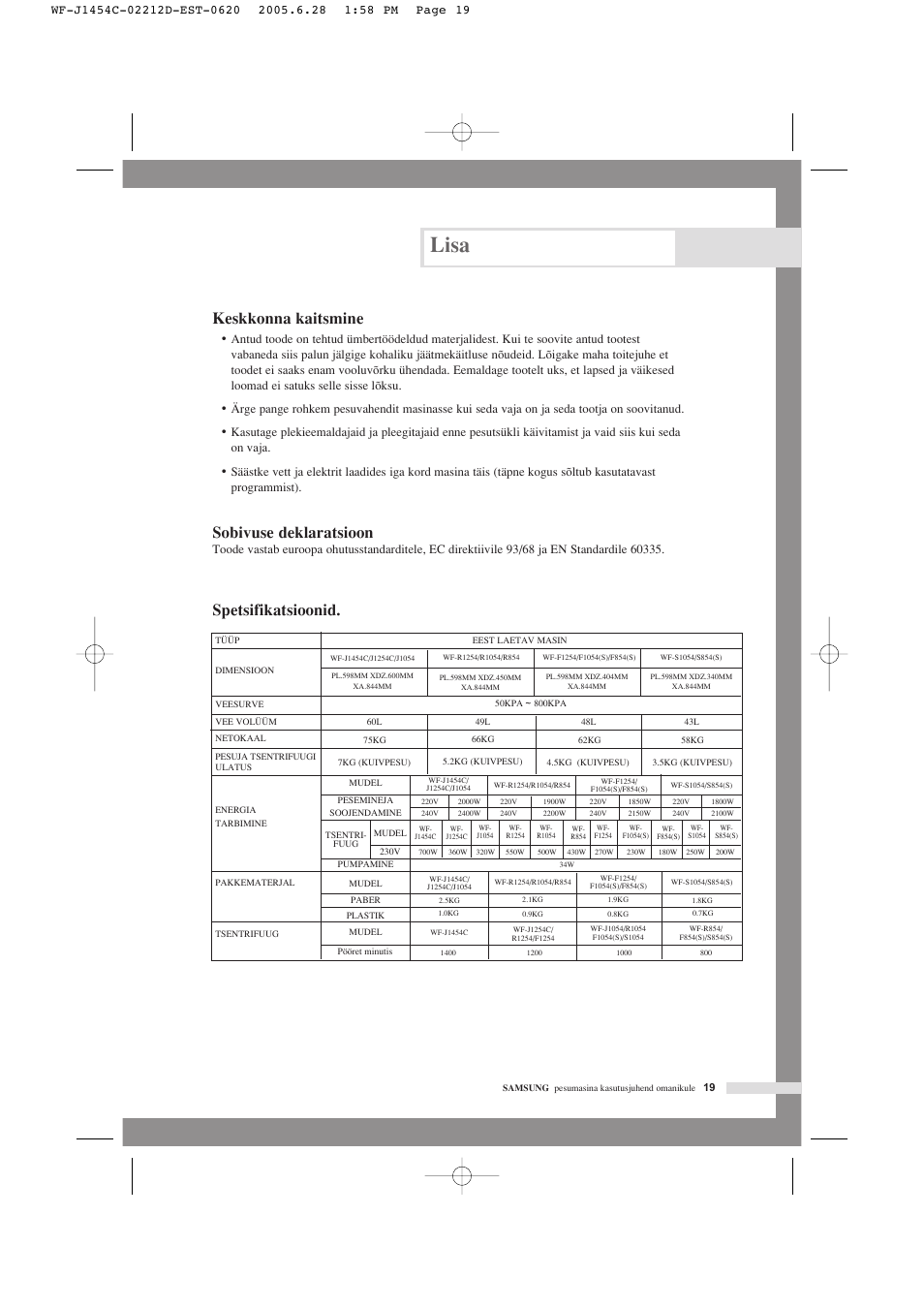 Lisa, Keskkonna kaitsmine, Sobivuse deklaratsioon | Spetsifikatsioonid | Samsung WF-F1254 User Manual | Page 43 / 88