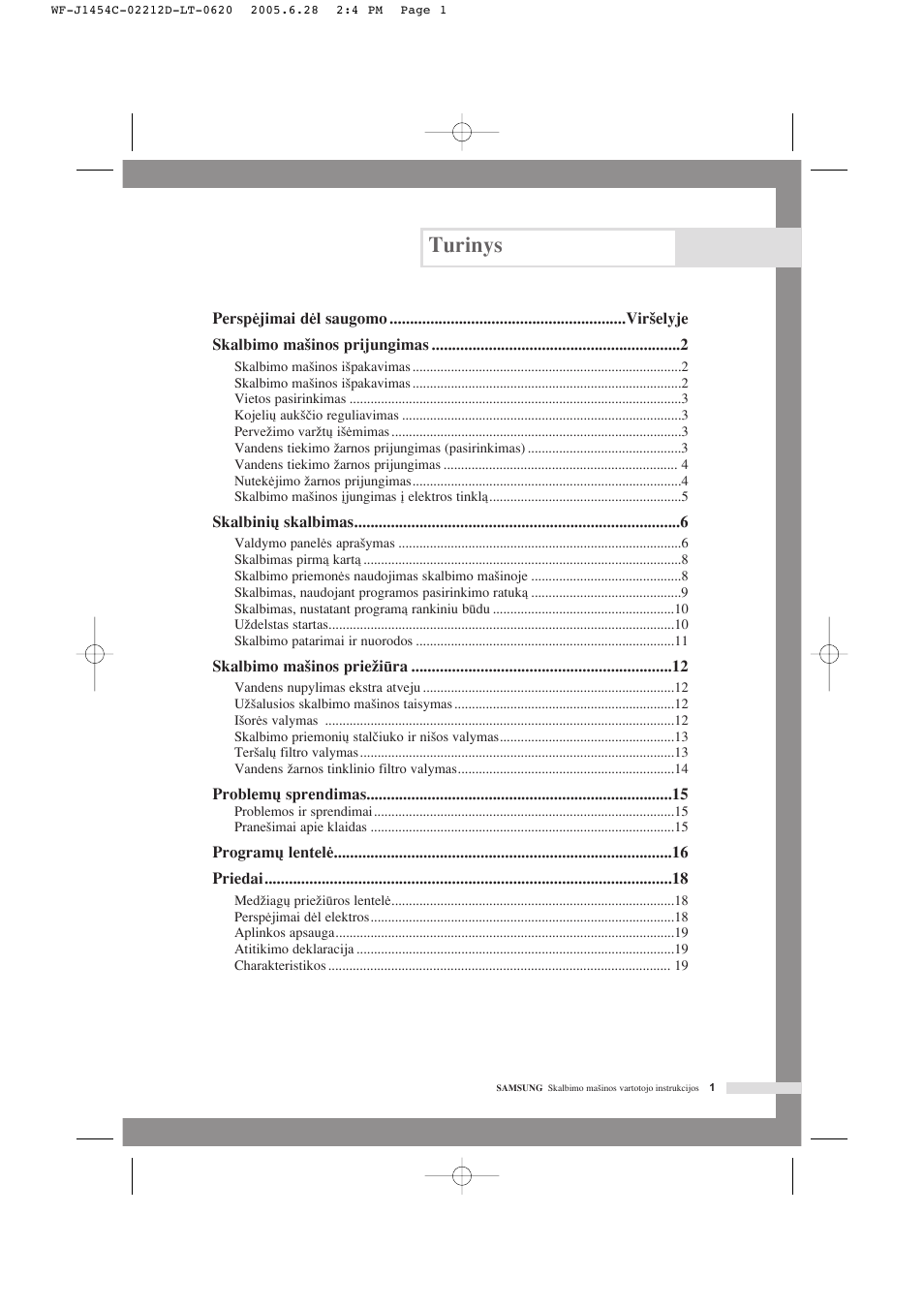 Turinys | Samsung WF-F1254 User Manual | Page 47 / 88