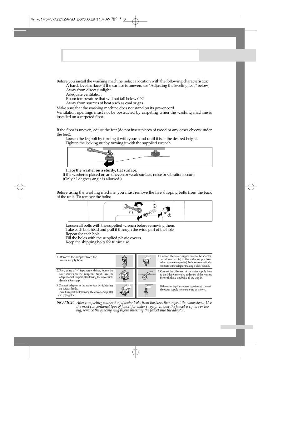 Installing the washing machine, Selecting a location, Adjusting the leveling feet | Removing the shipping bolts, Connecting the water supply hose(option) | Samsung WF-F1254 User Manual | Page 5 / 88