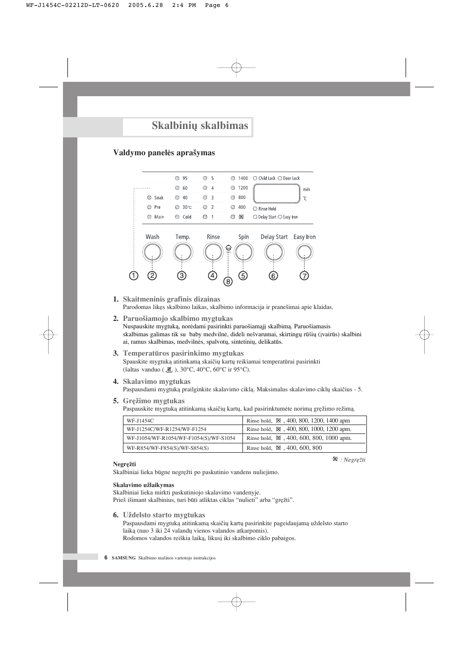 Skalbini˜ skalbimas | Samsung WF-F1254 User Manual | Page 52 / 88