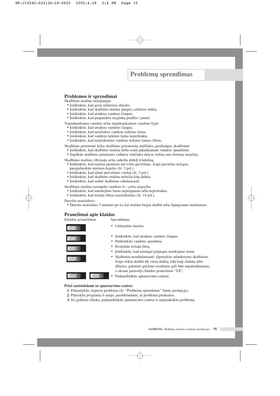 Problem˜ sprendimas, Problemos ir sprendimai, Prane‰imai apie klaidas | Samsung WF-F1254 User Manual | Page 61 / 88