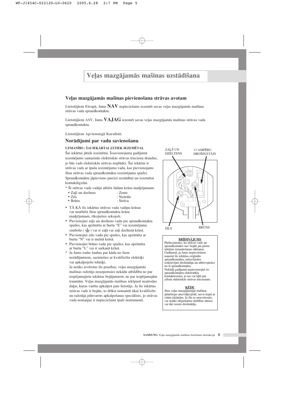 Ve∫as mazgçjamçs ma‰¥nas uzstçd¥‰ana, Vajag, Norçd¥jumi par vadu savieno‰anu | Samsung WF-F1254 User Manual | Page 73 / 88