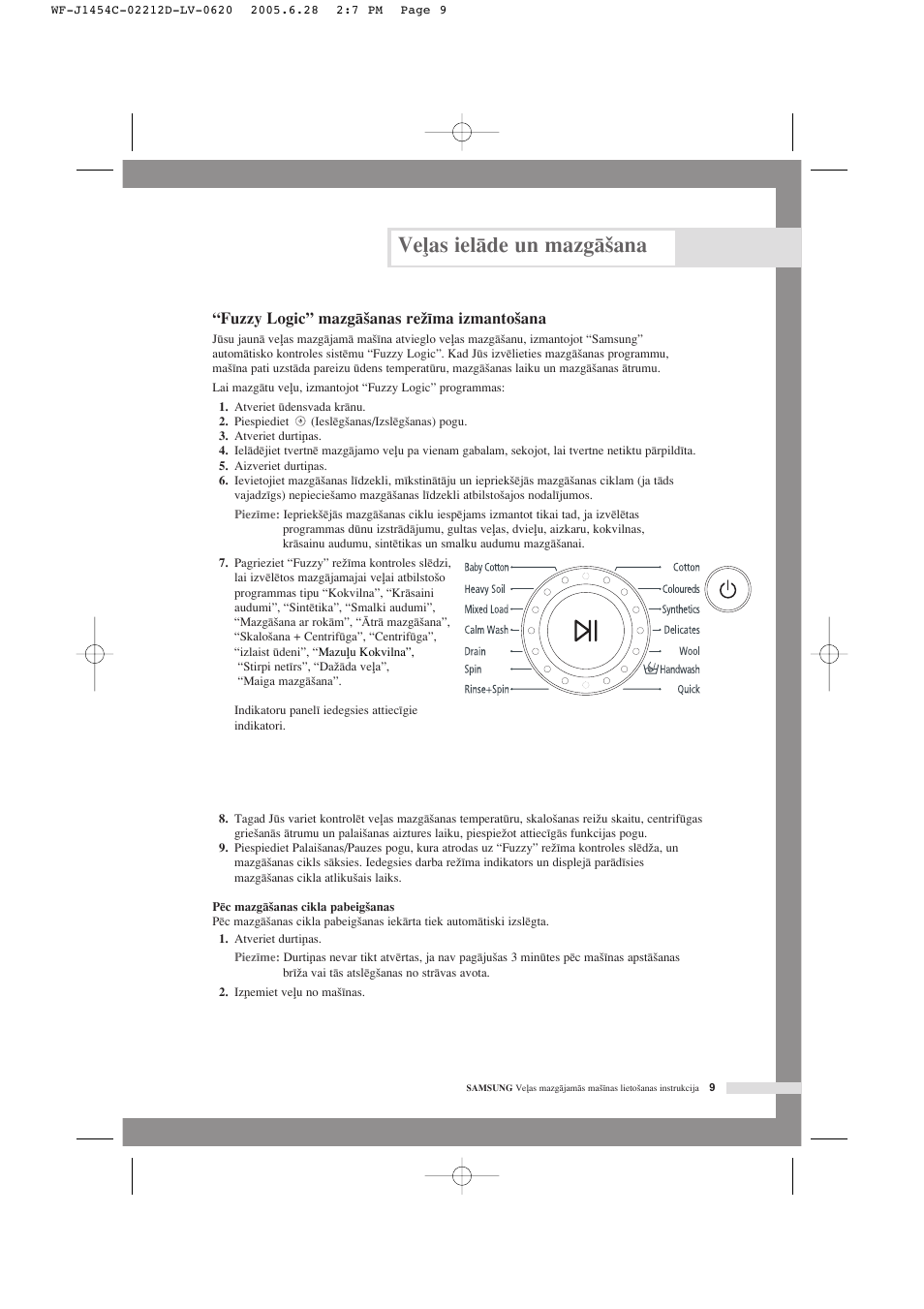 Ve∫as ielçde un mazgç‰ana, Fuzzy logic” mazgç‰anas reï¥ma izmanto‰ana | Samsung WF-F1254 User Manual | Page 77 / 88