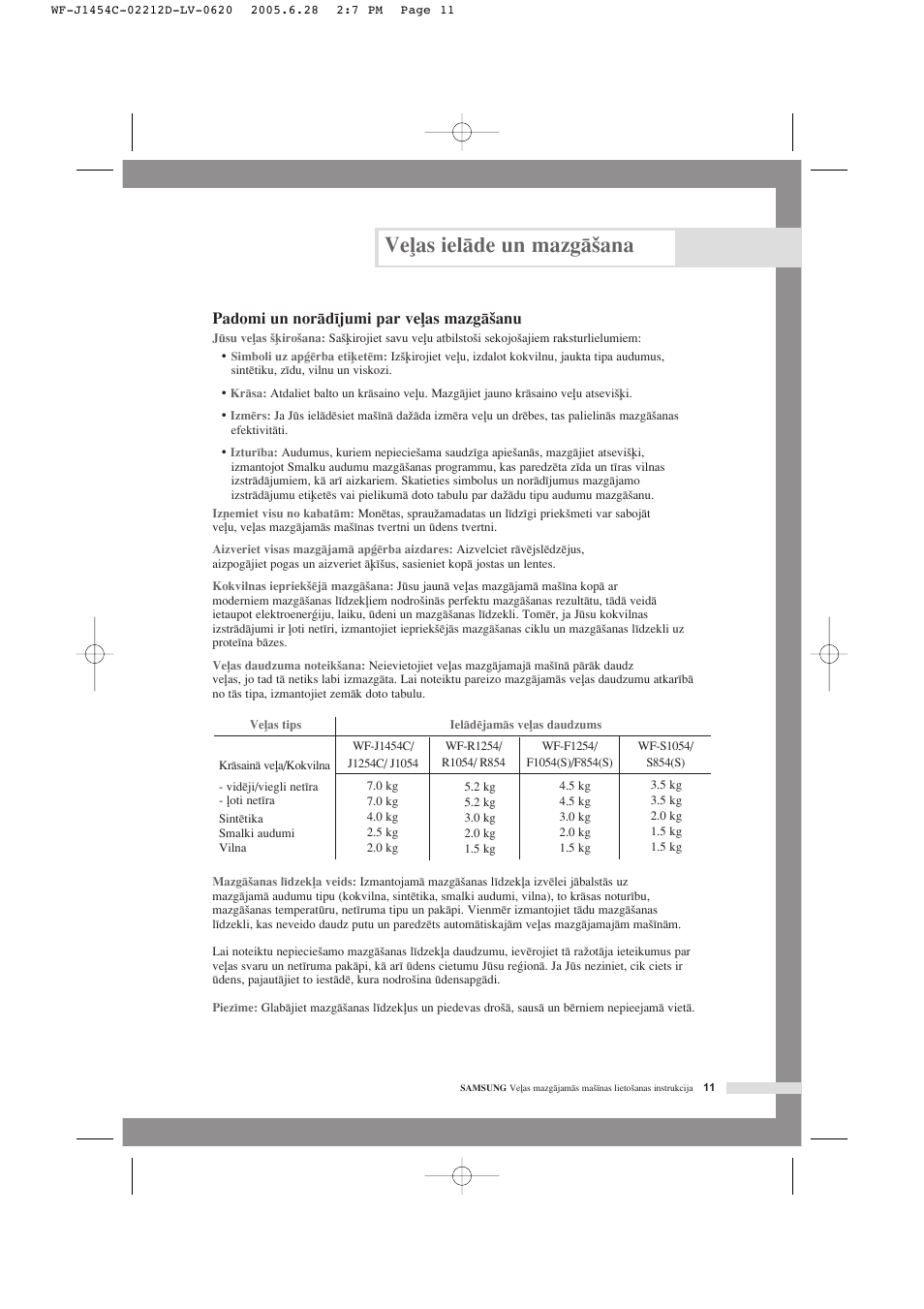 Ve∫as ielçde un mazgç‰ana, Padomi un norçd¥jumi par ve∫as mazgç‰anu | Samsung WF-F1254 User Manual | Page 79 / 88
