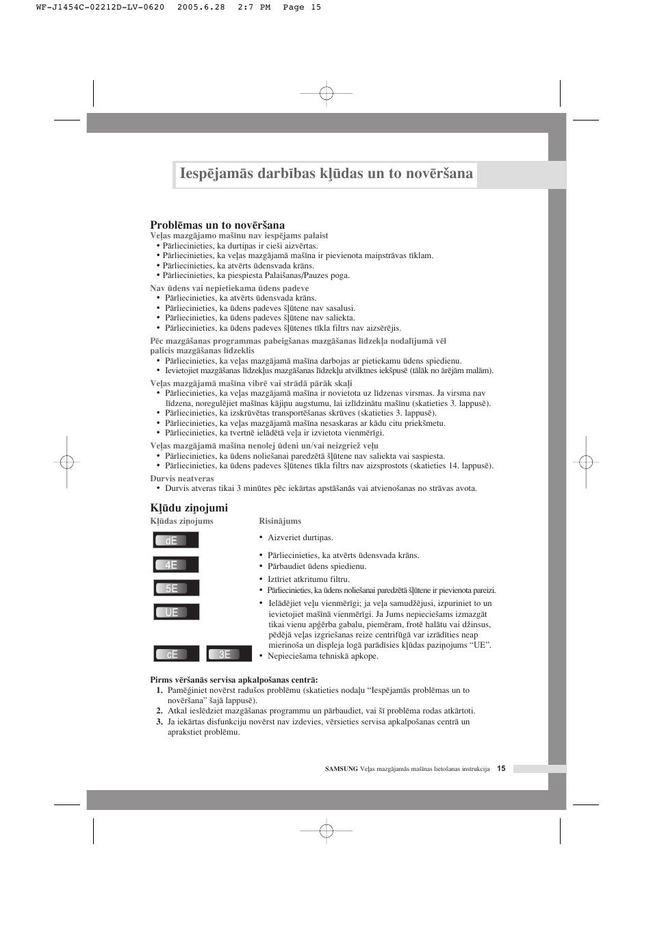 Iespïjamçs darb¥bas k∫das un to novïr‰ana, Problïmas un to novïr‰ana, K∫du zi¿ojumi | Samsung WF-F1254 User Manual | Page 83 / 88