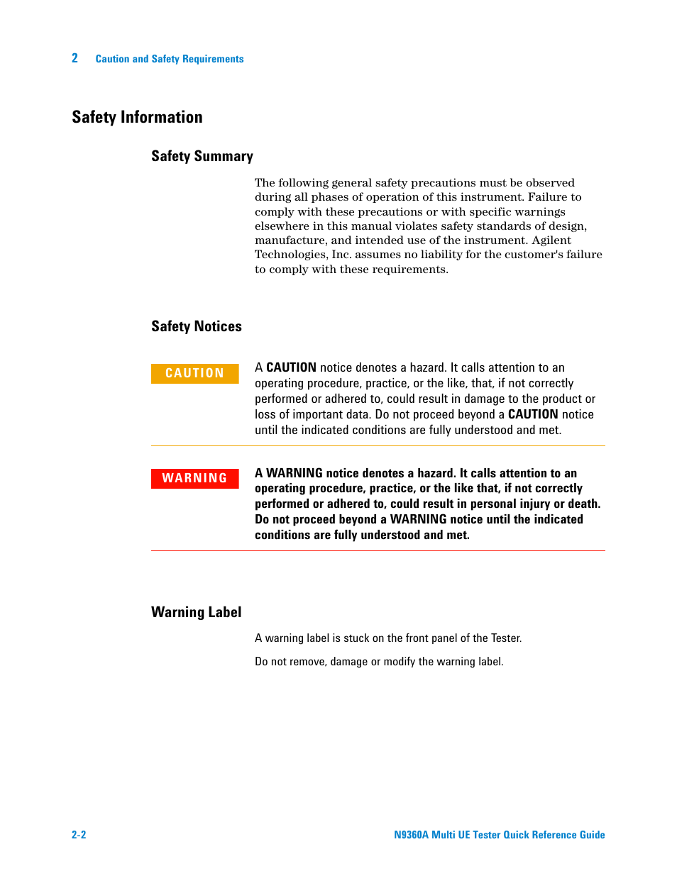 Safety information, Safety summary, Safety notices | Warning label | Agilent Technologies N9360A User Manual | Page 12 / 44
