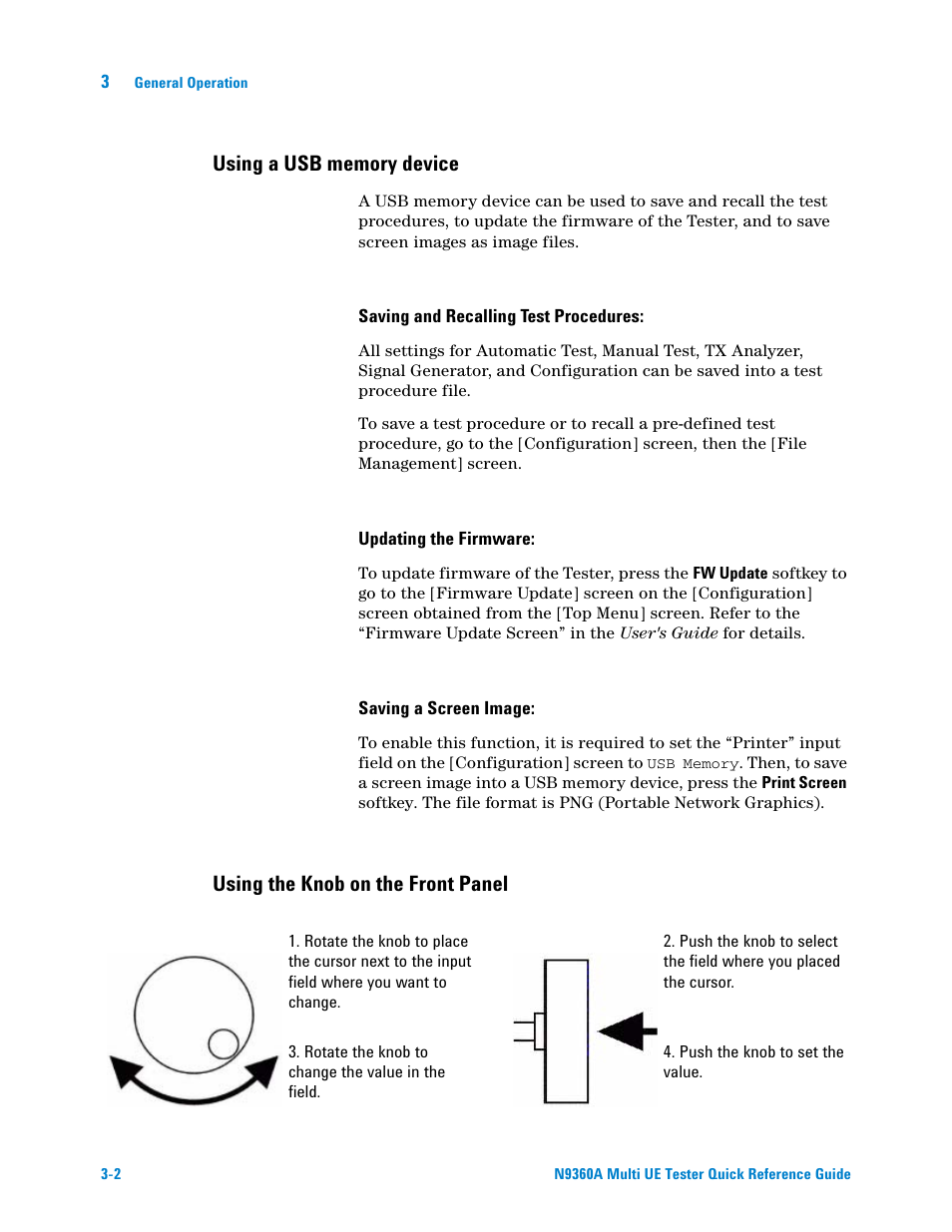 Using a usb memory device, Using the knob on the front panel | Agilent Technologies N9360A User Manual | Page 16 / 44