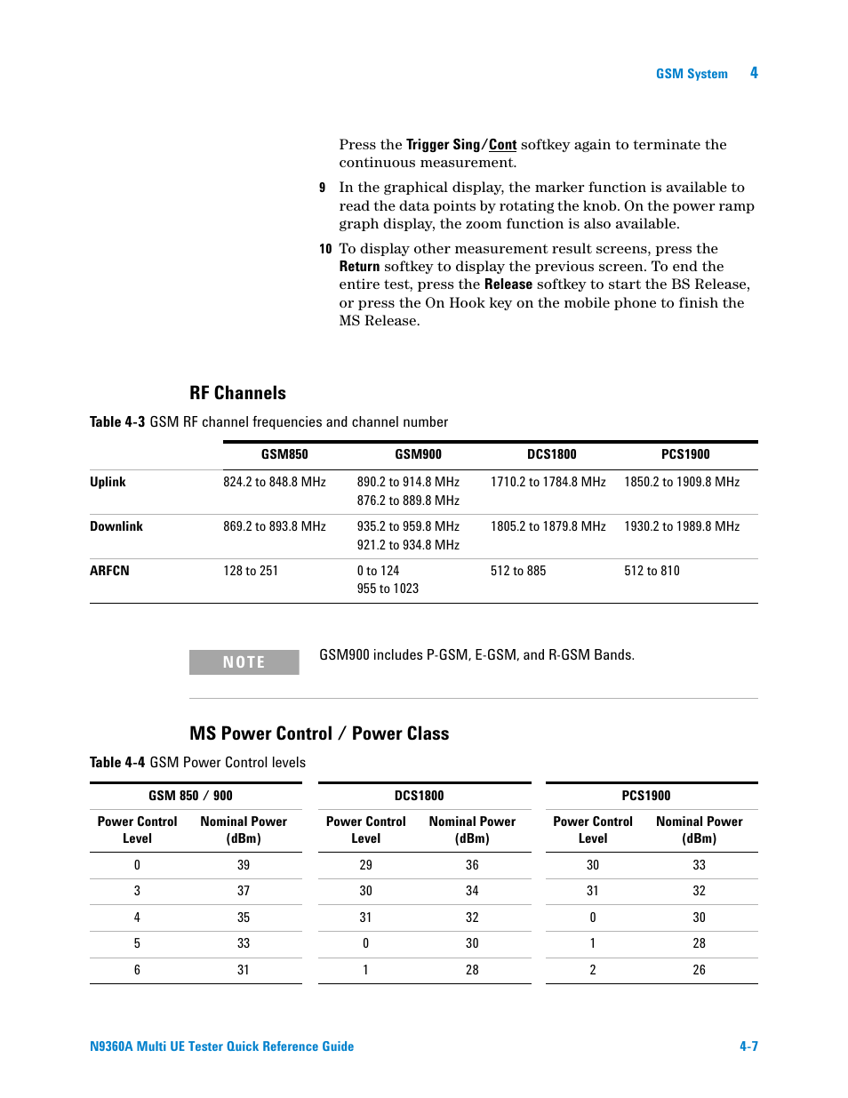 Rf channels, Ms power control / power class, Rf channels ms power control / power class | Agilent Technologies N9360A User Manual | Page 25 / 44