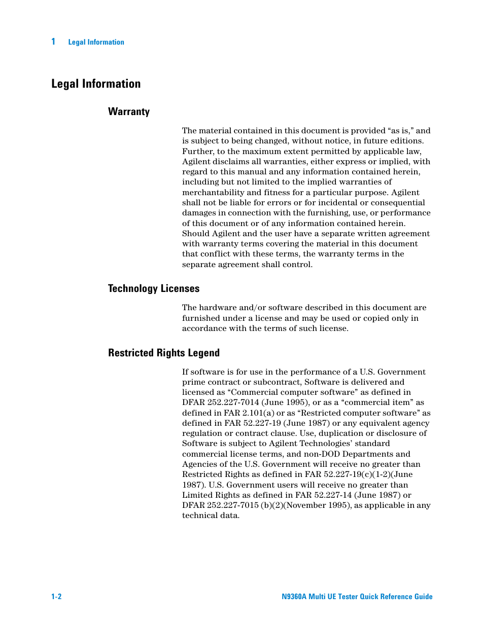 Legal information, Warranty, Technology licenses | Restricted rights legend | Agilent Technologies N9360A User Manual | Page 8 / 44