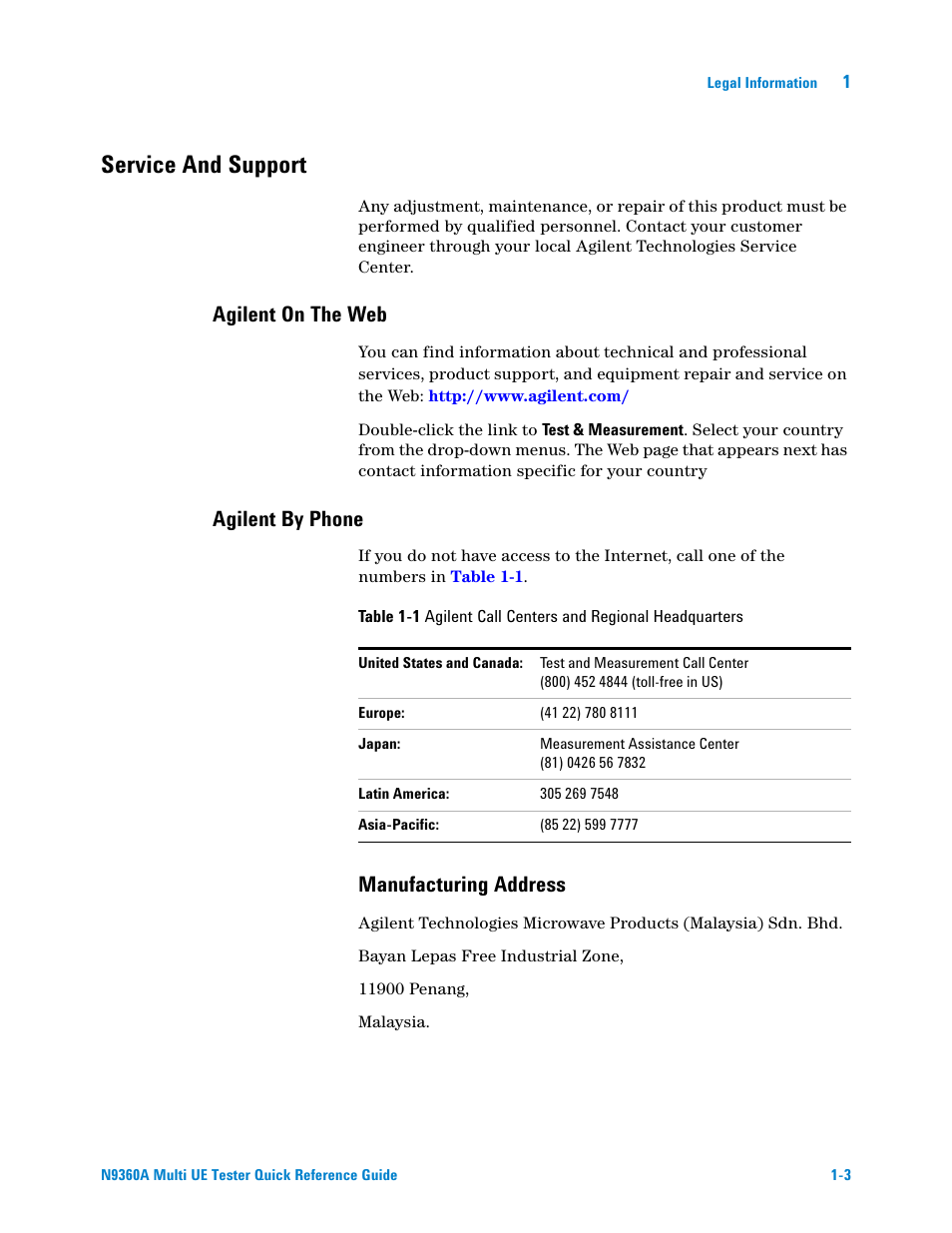 Service and support, Agilent on the web, Agilent by phone | Manufacturing address | Agilent Technologies N9360A User Manual | Page 9 / 44