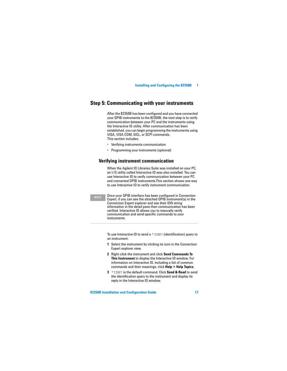 Step 5: communicating with your instruments, Verifying instrument communication | Agilent Technologies Agilent 82350B User Manual | Page 29 / 51