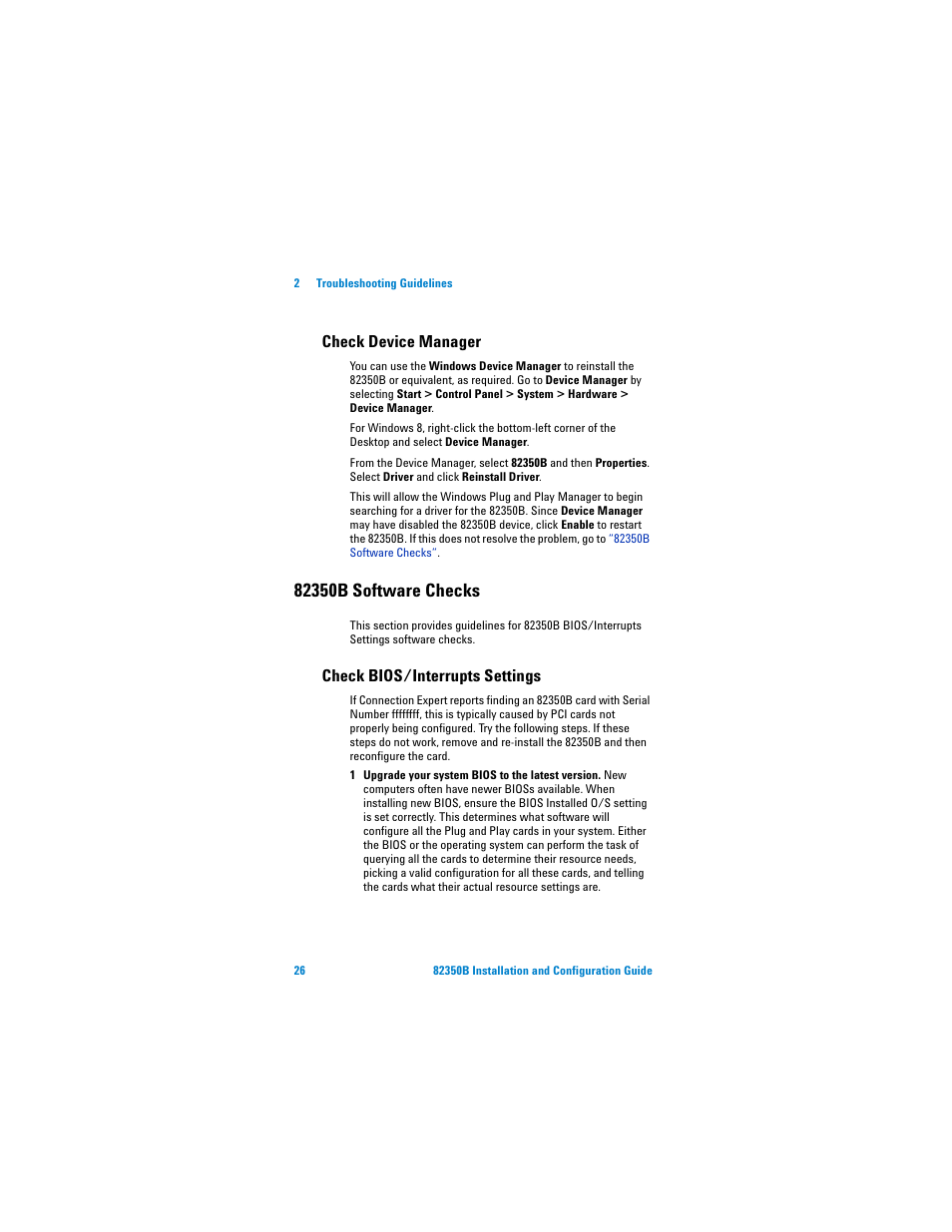 Check device manager, 82350b software checks, Check bios/interrupts settings | Agilent Technologies Agilent 82350B User Manual | Page 38 / 51