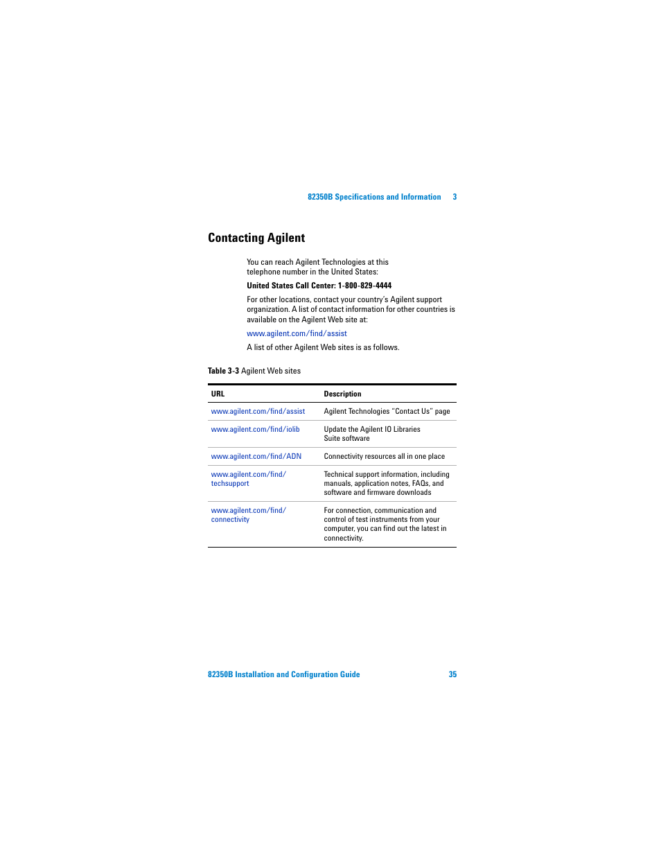 Contacting agilent, Chapter 3, Contacting agilent“ f | Agilent Technologies Agilent 82350B User Manual | Page 47 / 51