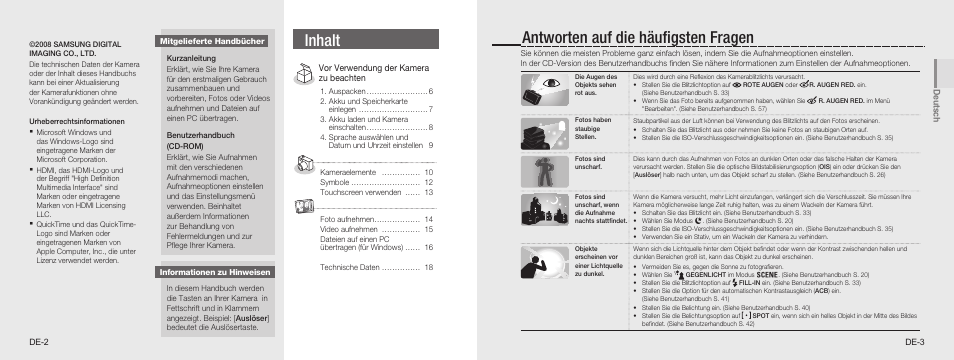 Inhalt, Antworten auf die häuﬁgsten fragen | Samsung NV100HD User Manual | Page 11 / 82