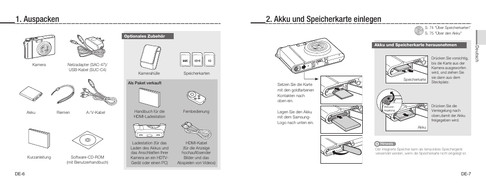 Auspacken 2. akku und speicherkarte einlegen | Samsung NV100HD User Manual | Page 13 / 82