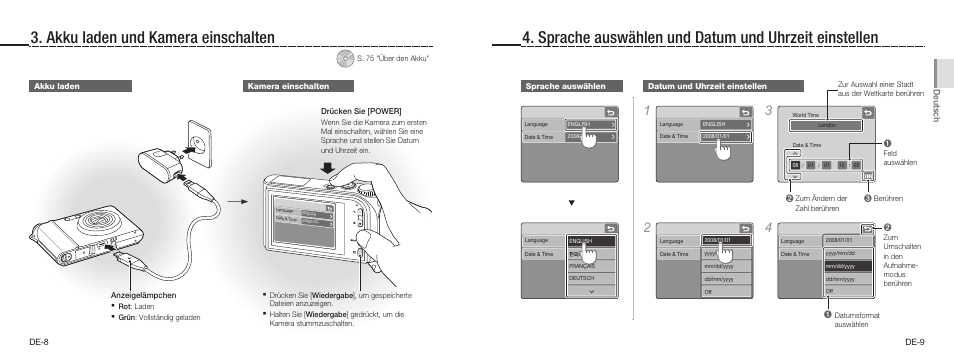 Akku laden und kamera einschalten, Sprache auswählen und datum und uhrzeit einstellen | Samsung NV100HD User Manual | Page 14 / 82