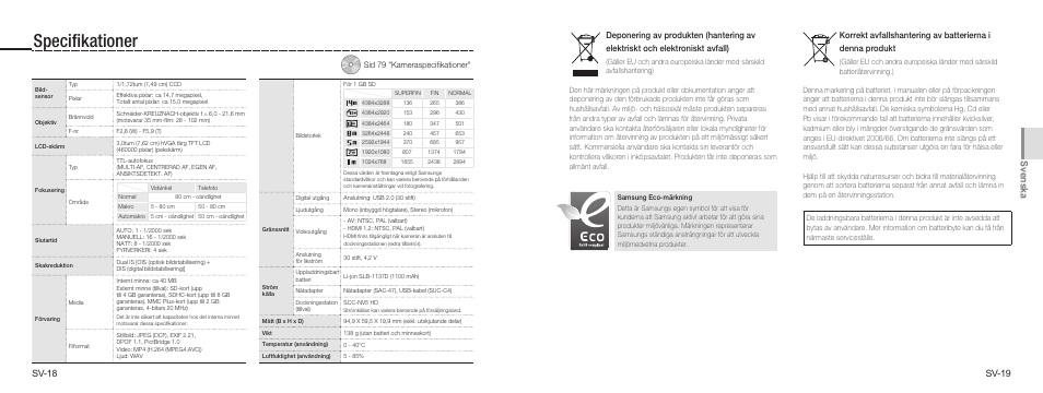 Speciﬁkationer, Svenska, Sv-18 | Sv-19 | Samsung NV100HD User Manual | Page 37 / 82