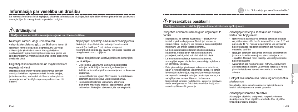 Informācija par veselību un drošību, Brīdinājumi, Piesardzības pasākumi | Samsung NV100HD User Manual | Page 57 / 82