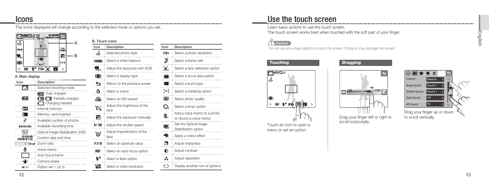 Icons use the touch screen, English | Samsung NV100HD User Manual | Page 7 / 82