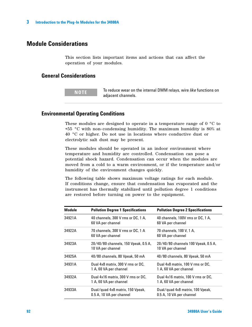 Module considerations, General considerations, Environmental operating conditions | Agilent Technologies Switch/Measure User Manual | Page 104 / 216