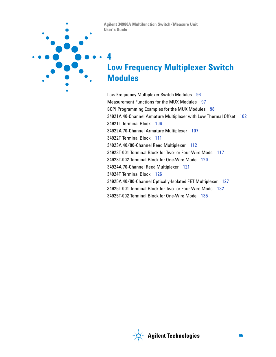 Low frequency multiplexer switch modules, 4 low frequency multiplexer switch modules, Agilent technologies | Agilent Technologies Switch/Measure User Manual | Page 107 / 216