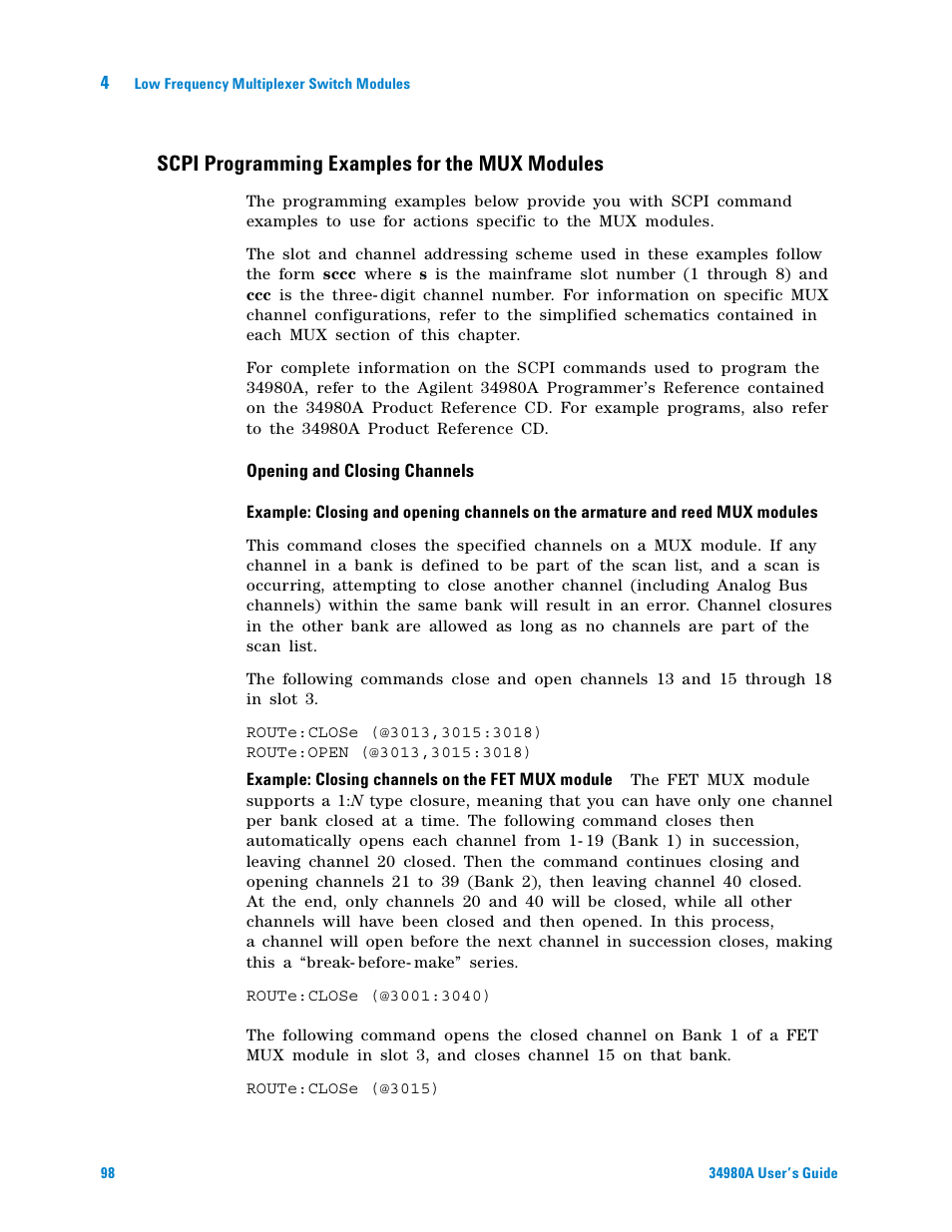 Scpi programming examples for the mux modules | Agilent Technologies Switch/Measure User Manual | Page 110 / 216