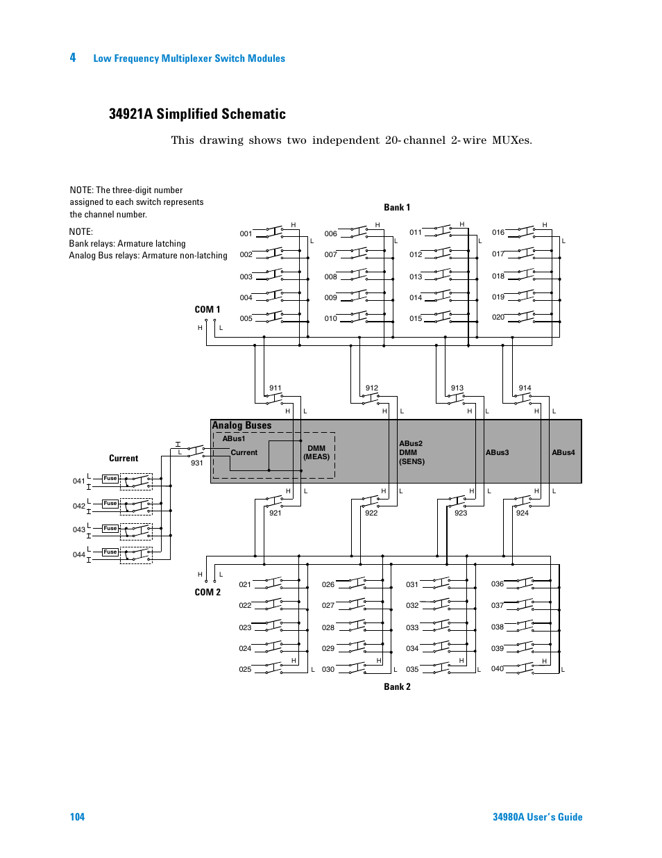 34921a simplified schematic, Low frequency multiplexer switch modules, Analog buses | Agilent Technologies Switch/Measure User Manual | Page 116 / 216