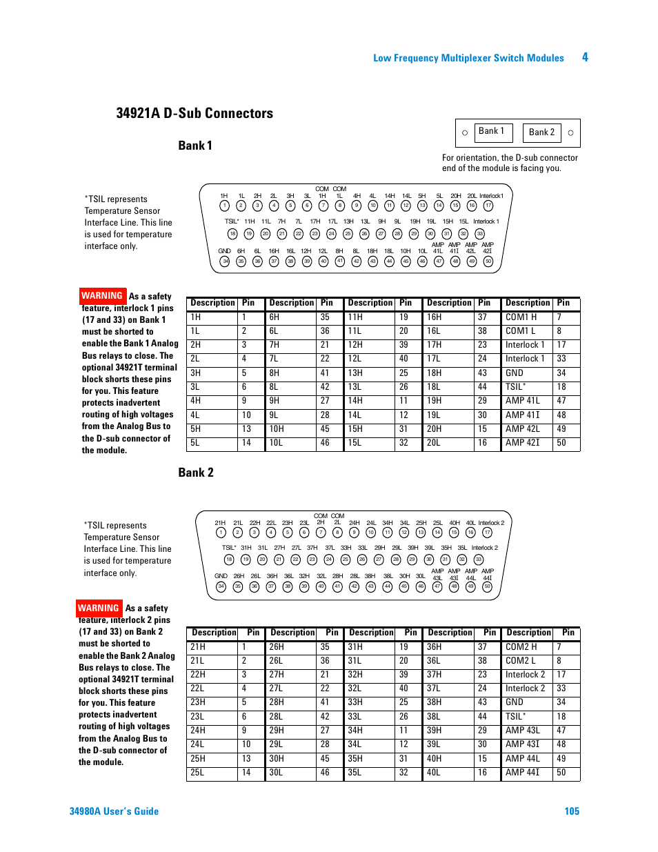 34921a d-sub connectors, Bank 1 bank 2, Low frequency multiplexer switch modules | Agilent Technologies Switch/Measure User Manual | Page 117 / 216