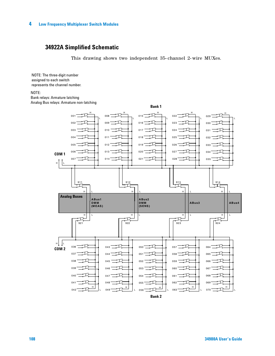 34922a simplified schematic, Low frequency multiplexer switch modules | Agilent Technologies Switch/Measure User Manual | Page 120 / 216