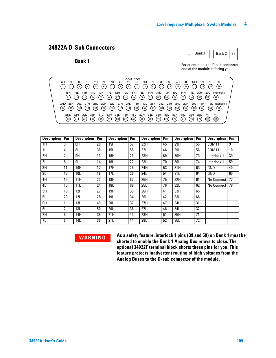 34922a d-sub connectors, Bank 1, Wa rn i n g | Low frequency multiplexer switch modules | Agilent Technologies Switch/Measure User Manual | Page 121 / 216
