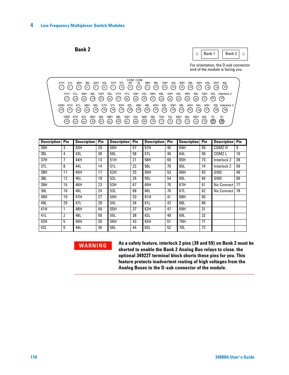 Bank 2, Wa rn i n g, Low frequency multiplexer switch modules | Agilent Technologies Switch/Measure User Manual | Page 122 / 216