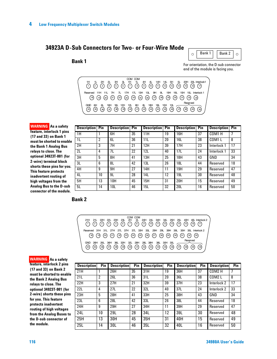 34923a d-sub connectors for two- or four-wire mode, Bank 1 bank 2, Low frequency multiplexer switch modules | Agilent Technologies Switch/Measure User Manual | Page 128 / 216